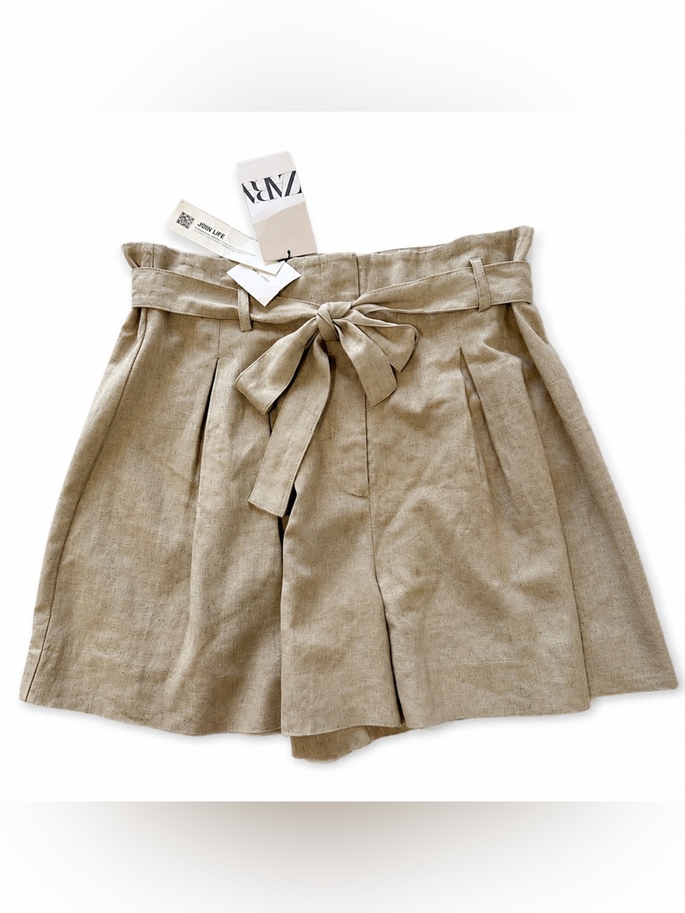 Zara Join Life NWT Linen Viscose Paperbag Shorts L Oatmeal Beige - Picture 4 of 8
